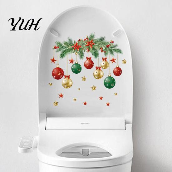 Removable Bathroom Wall Art Christmas Ball Toilet Sticker, Decoration Decal, Peel Stick Decal Waterproof Lid for Holiday Party PVC Stickers