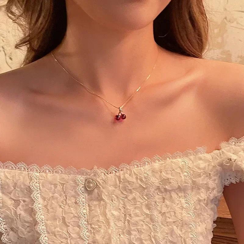 Red Cherry Pendant Necklace Earrings 2pcs Set Women's Fashion Fruit Necklace Earrings Jewery Set For Party Wedding Girls Gifts