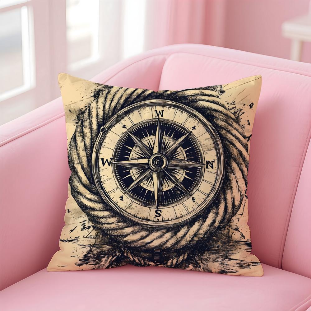 Ocean Blue Compass with Anchor Cushion Cover Pillow Case Soft Skin Friendly Fabric Concealed Zipper