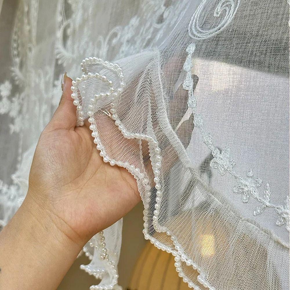 Double Pearls Lace Bottom Beaded Half Yarn Drapes Wavy Edge Floral Short Tulle Drapery Farmhouse