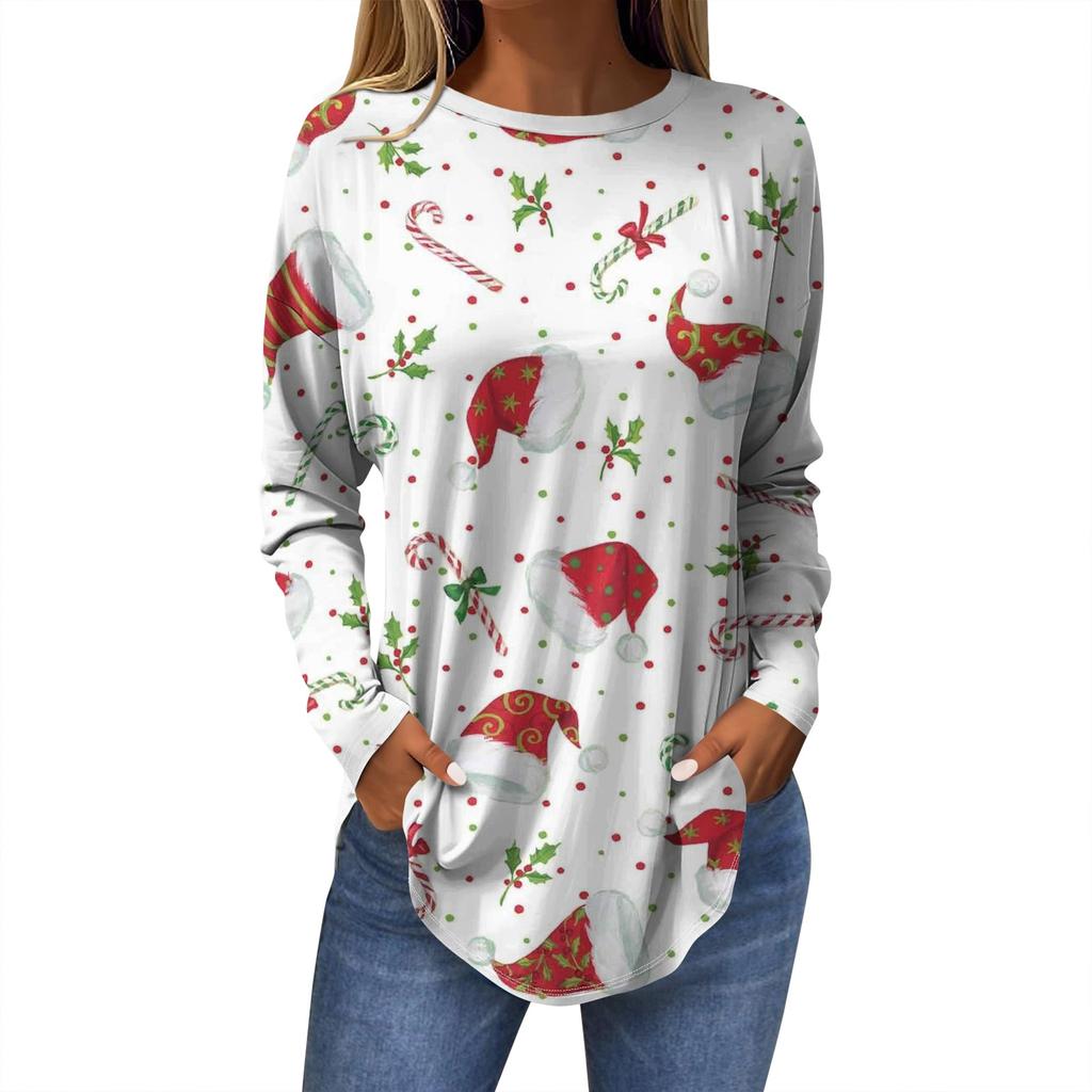 Женская модная повседневная футболка с круглым вырезом и длинным рукавом с рождественским принтом