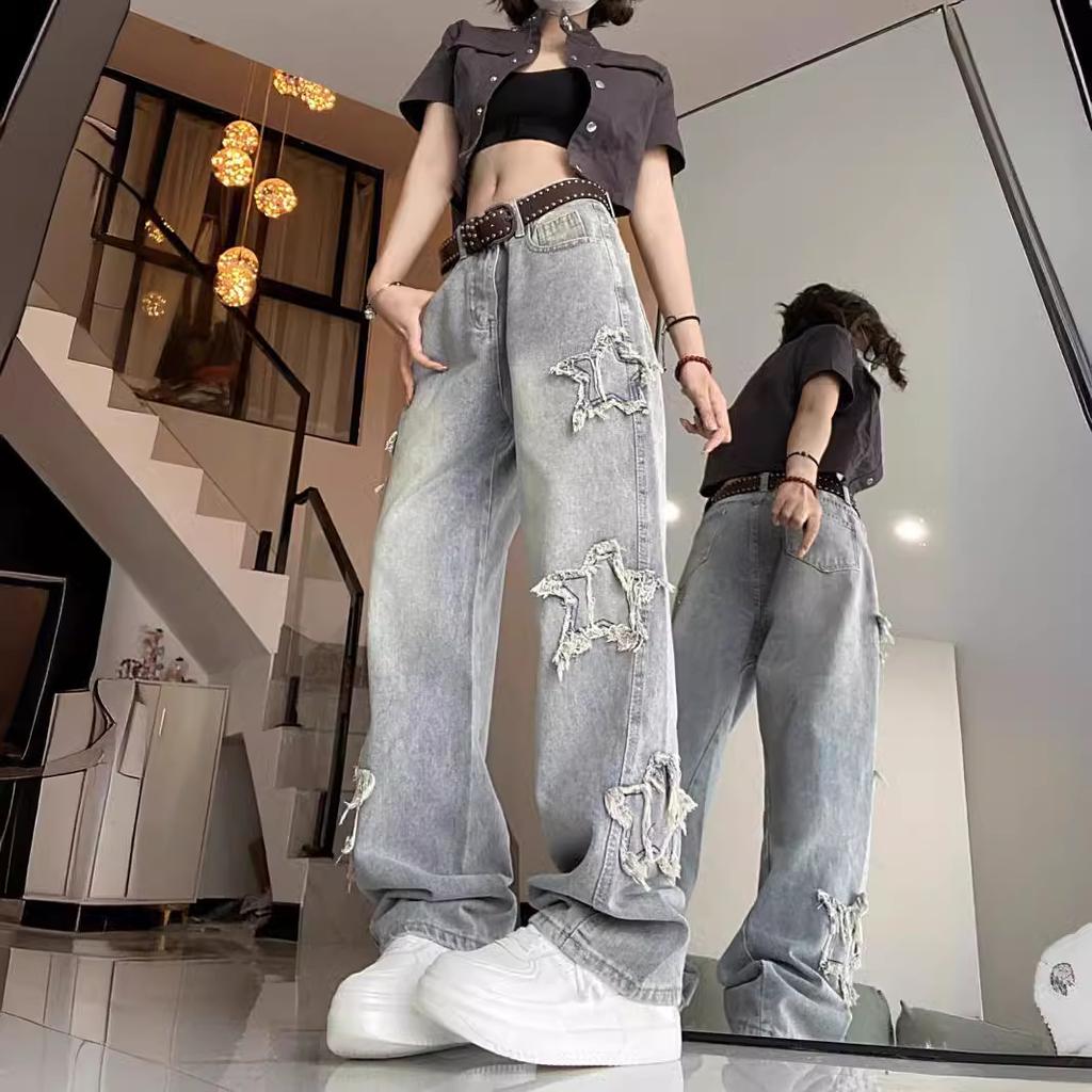 Ретро Звезда Синие джинсы Женские Корейские Ins Высокая талия Прямые Широкие Брюки Tide Мешковатые Джинсы Женские