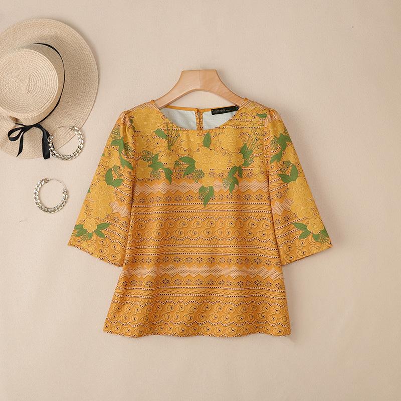 ZANZEA Женская повседневная блузка с круглым вырезом, рукавом три четверти, свободного кроя, с принтом