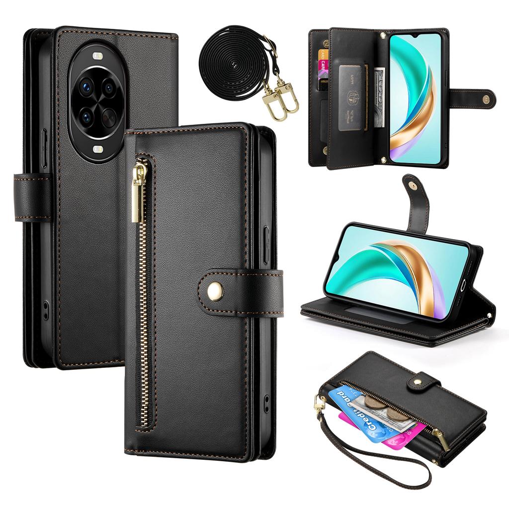 Чехол для Huawei nova 14 Pro 5G Кожаный чехол-кошелек с карманом на молнии и ремешками