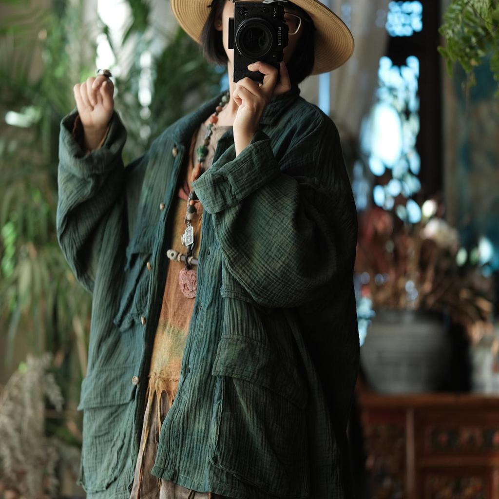 Древний грязно-зеленый хлопково-льняной пиджак в китайском стиле, ретро, с лацканами