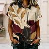 Women Plus Size Lapel Short Sleeve Top Wine Bottle And Leaf Art Print Button Front Casual Blouse