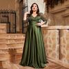 Elegant V-neck Satin Evening Gown - Plus Size, Long-Sleeved, Slim Fit with Sequins