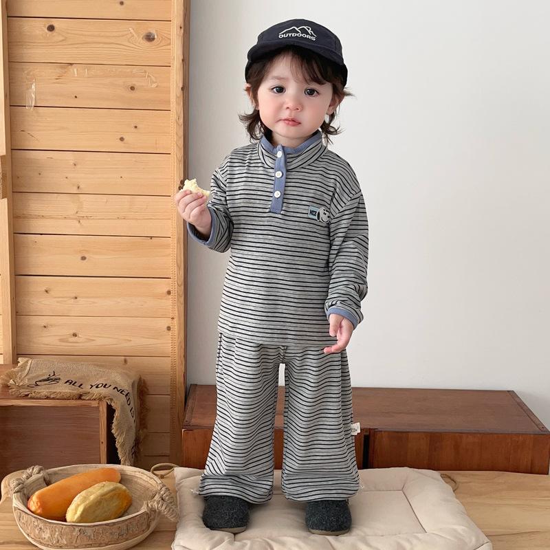 Handsome Boy Striped Two-Piece Set Autumn Baby Half-Open Button-Up Collar Top Wide-Leg Leggings Going Out Clothes
