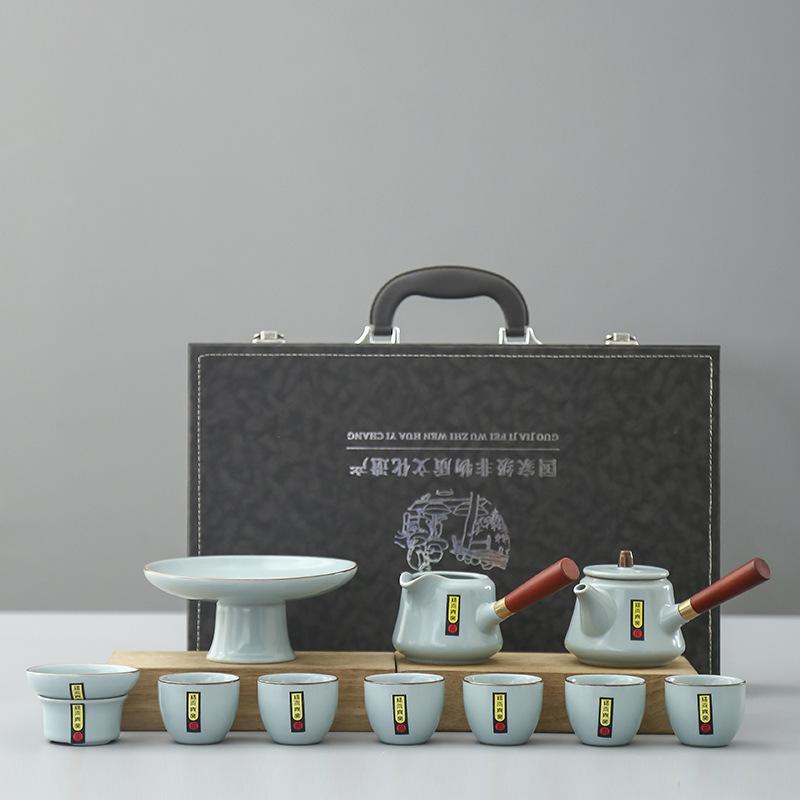 Ru kiln ceramic kung fu tea set, simple home office meeting guests, double-sided anti-scalding teapot, teacup cover bowl