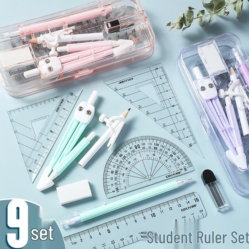 Morandi Color 9-Piece Student Drawing Set: Ruler, Compass, Pencil, Children's Stationery