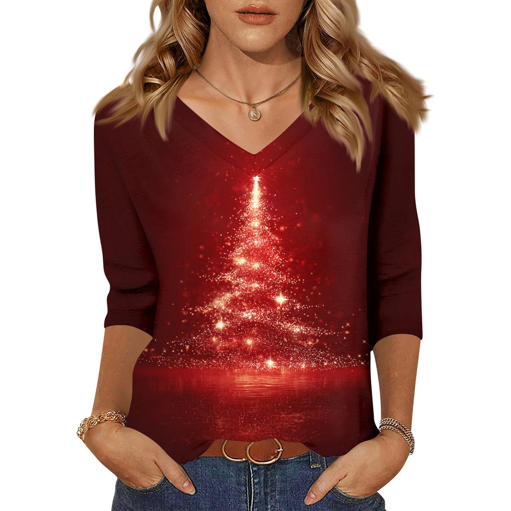 Women's Tops Three-quarter Sleeve Shirt V-neck Loose Casual Shirt Print T-shirt
