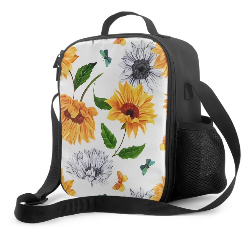Watercolor Sunflowers And Butterflies Insulated Lunch Box Cooler Bag with Adjustable Shoulder Strap Bento Bag for Travel Picnic