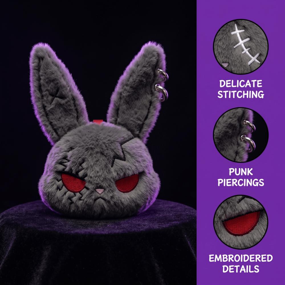 Gothic Wounded Rabbit Keyring Hoop Earrings Cute Furry Bag Pendant  Gift For Women