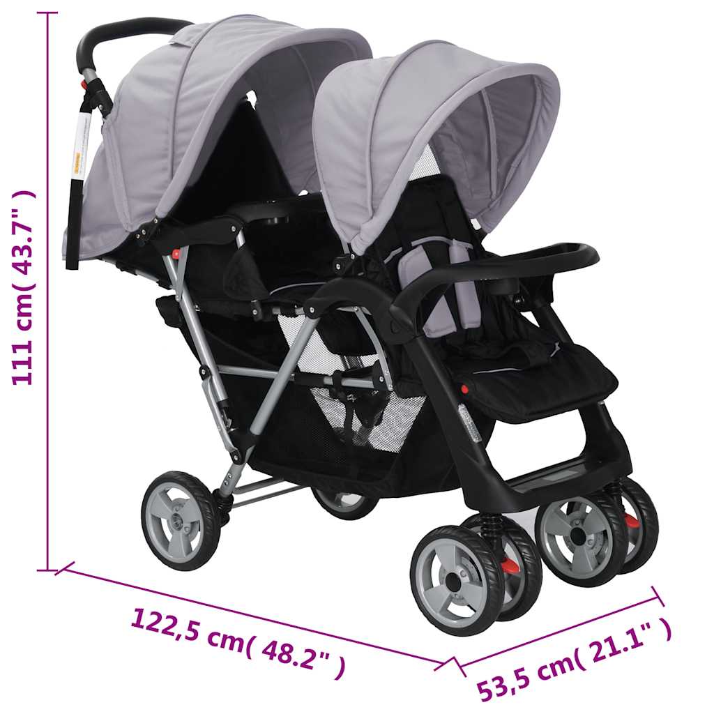 Tandem Stroller for Children Steel Frame Grey and Black