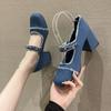 Fashion Round Toe High Heel Sandals Women Denim Cloth Pearl Metal Chain Decor Single Shoes Slingback Pumps Spring Retro Party Blue Shoes