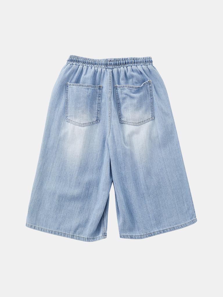 Icaruk Blue Washed Linen Elastic Waist Denim Shorts Dspt101