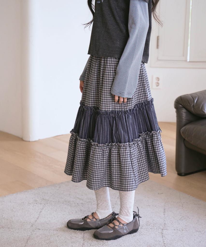 The Green Lab Vintage Tiered Check Skirt [Navy]