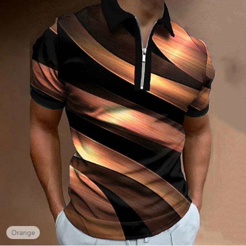 Повседневная футболка с лацканами, молодежная модная футболка с застежкой-молнией, футболка с коротким рукавом, мужская футболка с диагональным принтом 3D