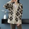Women Plus Size Knitted Cardigan Sweater V Neck Printed Casual Loose Spring Autumn