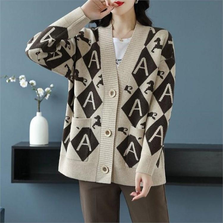 Women Plus Size Knitted Cardigan Sweater V Neck Printed Casual Loose Spring Autumn