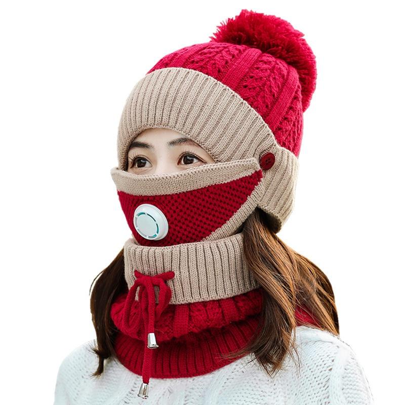 Autumn and Winter Woolen Hat Set Ladies Warm Plus Velvet Knitted Woolen Hat Bib Two-piece Woolen Hat