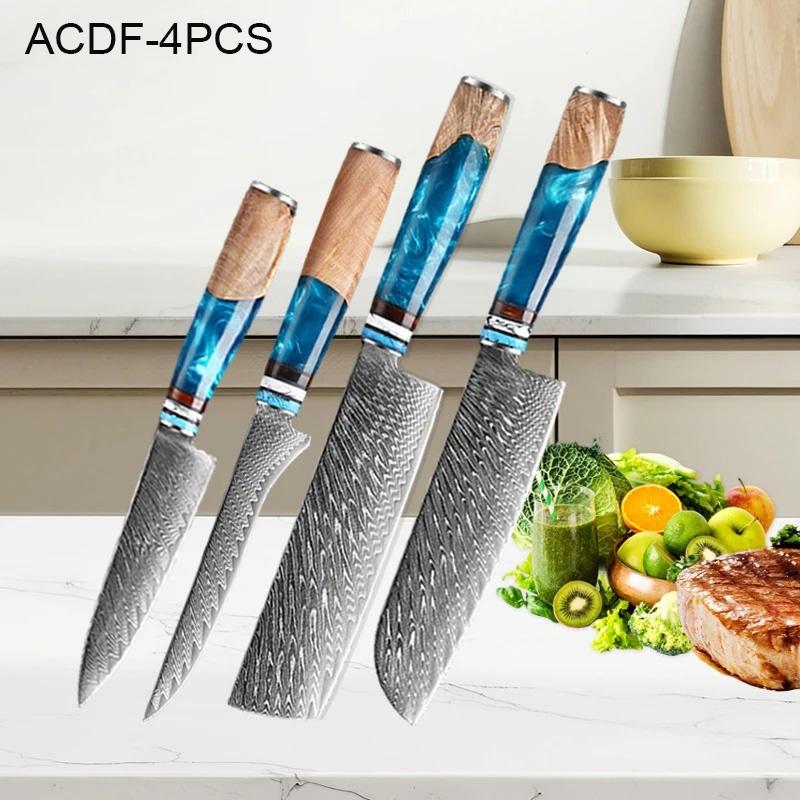 WXCOO Damascus Steel Chef Knives Set Professional Japanese Kitchen Knife Utility Fruit Paring Knife Blue Resin Handle Set