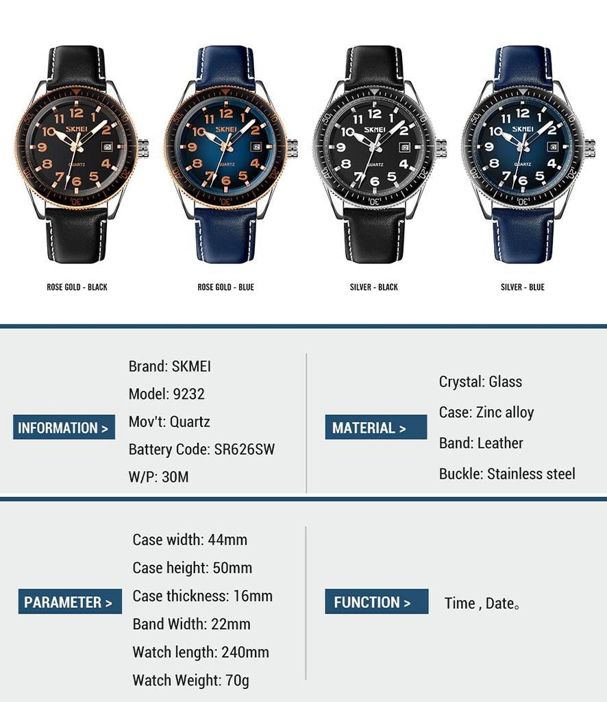 Skmei Watch Black Leather Strap Big Face Simple Hand Watch Waterproof Brand Analog Business Stylish Casual Luminous Arabic Numerals Date Watch Luxury