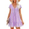Women's Casual Short Sleeve Button Up Floral Print Patchwork Loose Mini Pleated Short Dress
