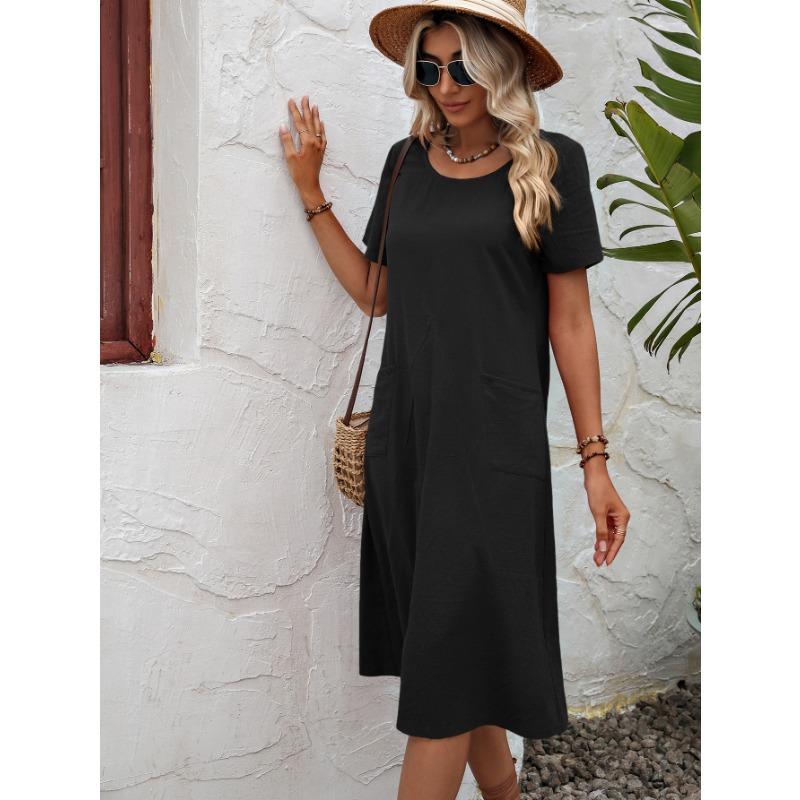 Летнее женское хлопковое льняное однотонное свободное круглое платье с коротким рукавом