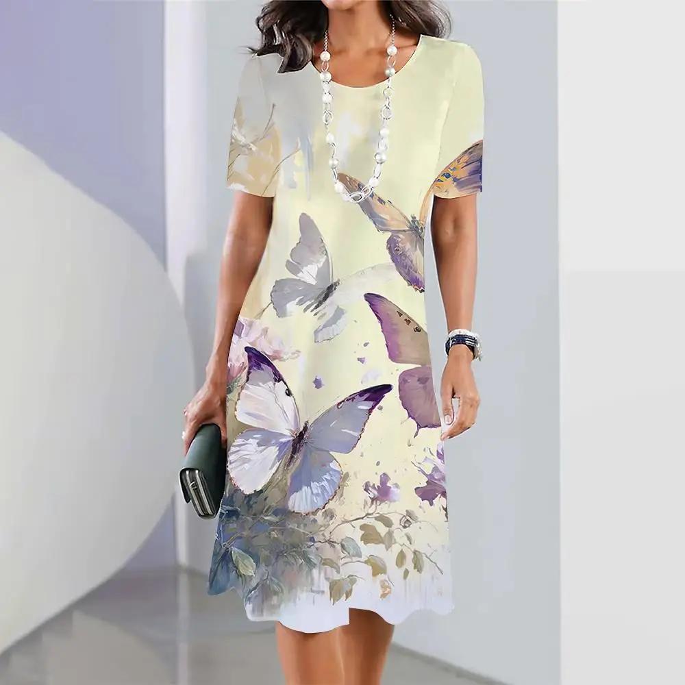 Платья для женщин больших размеров с принтом в виде 3D-бабочки и цветов Элегантная одежда с короткими рукавами Платье А-силуэта в стиле ретро Цветная одежда