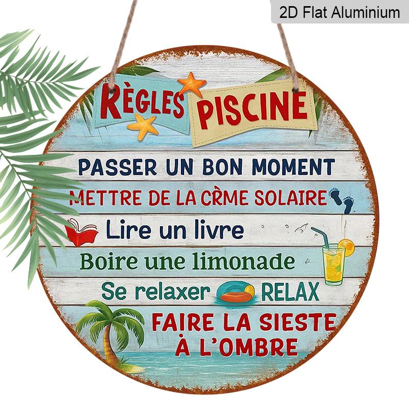 2D Flat, 1pc 7.87x7.87 Inch Round French Aluminum Sign, Vintage Decorative Plaque for "Pool Rules", "Summer Relaxation" Decorative Plaque, Suitable