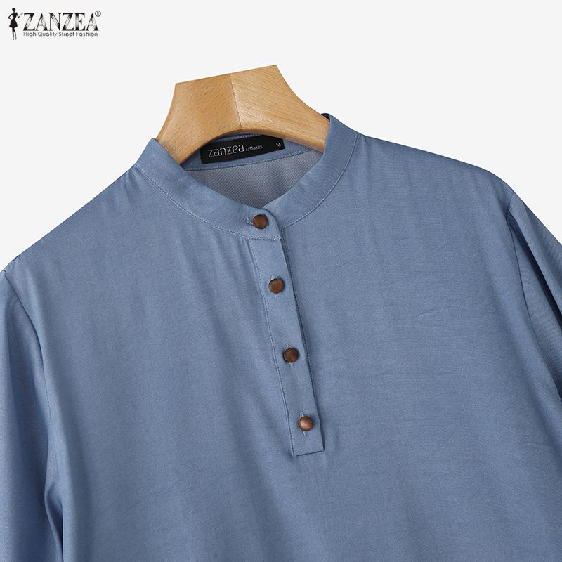 ZANZEA Женская повседневная блузка с круглым вырезом, рукавом 3/4, свободного кроя, однотонная