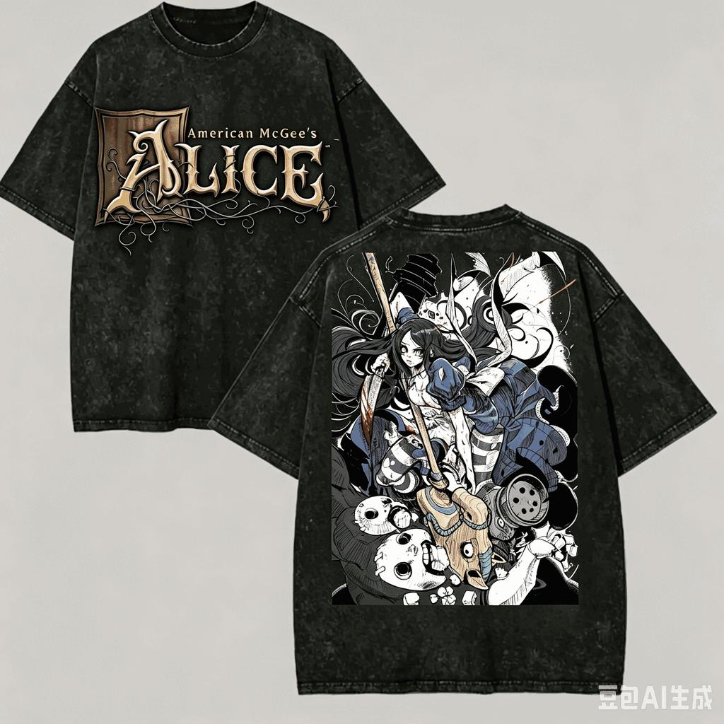 Alice Madness Выстиранная футболка Любитель аниме Харадзюку Новая модель Оверсайз Винтажная Свободная Классическая Унисекс Y2k Короткий рукав Классическая футболка