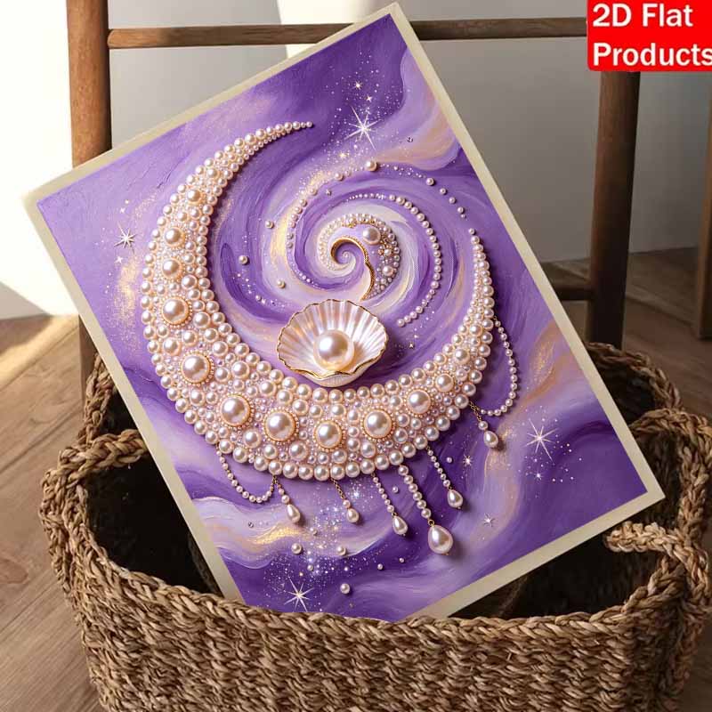 Pearl painting set 5D pearl mosaic art style celestial moon shell design purple aesthetic home wall decoration.