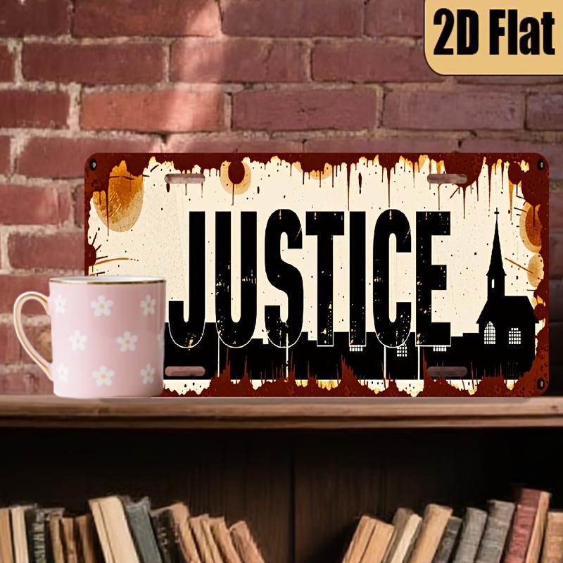 piece of retro justice themed aluminum license plate eyecatching letters and balance designdurable polished metal materia