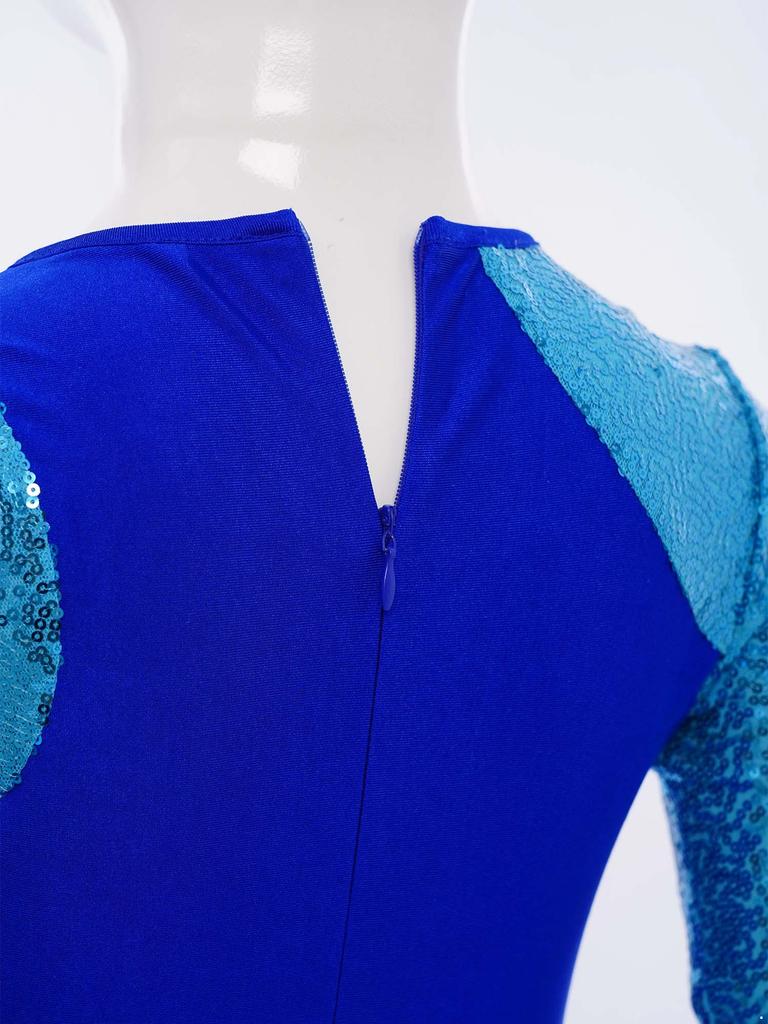 Girls Praise Dance Dress Long Sleeve Round Neck Design with Sparkling Sequins Color Block Asymmetrical Robe