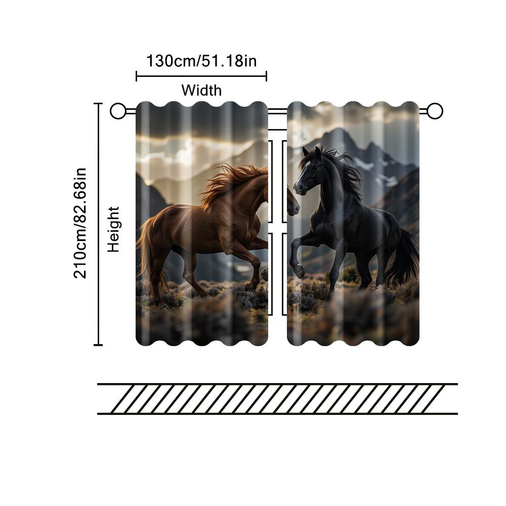 2 Pcs, Filtering Curtains (Excluding Rods, Non-Movable, Without Batteries) Horse, Mountain For Use In Bedrooms And Living Rooms