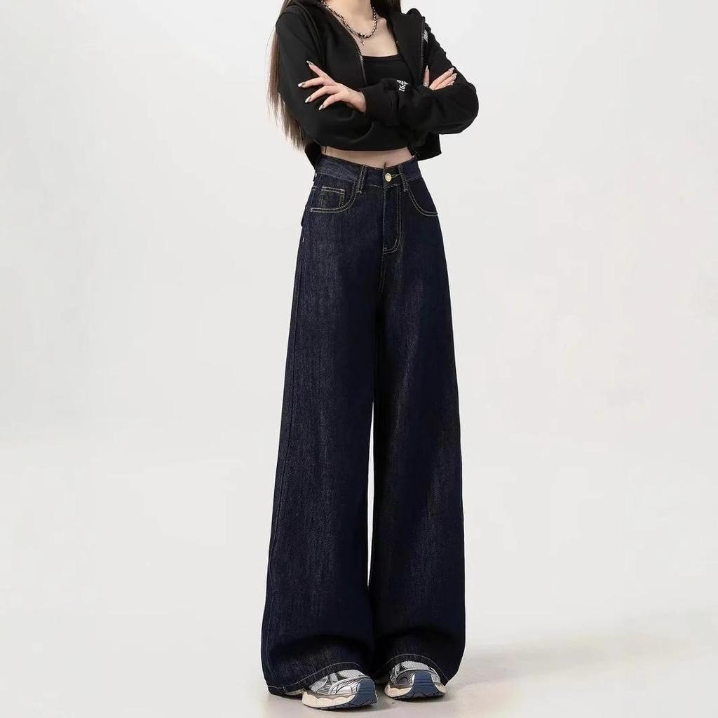 Женские темно-синие джинсы с высокой талией, широкими штанинами моп, в американском стиле, стройнящие, модные весна/осень 2025