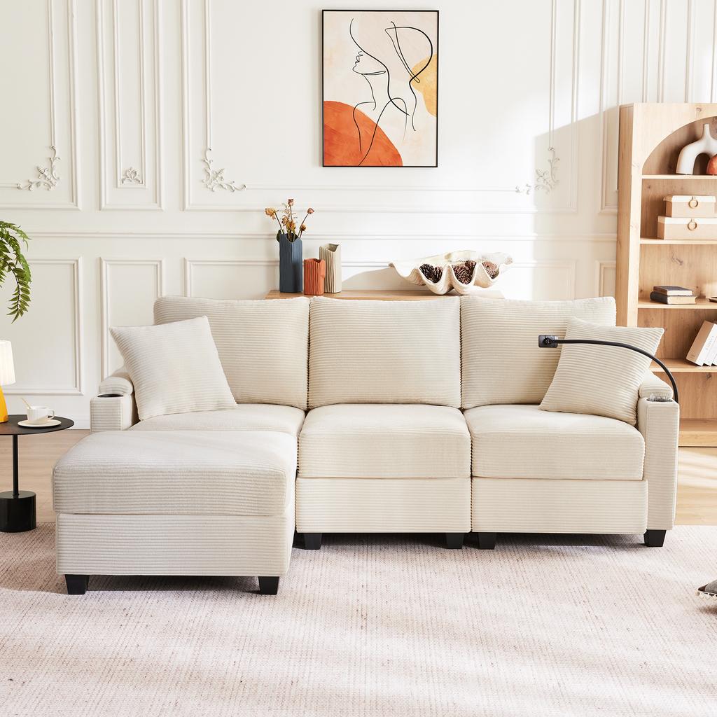 L-Shaped Corner Sofa, Convertible 3-Seater with Footstool, Cup Holder, USB Charger, Armrest Tray and 2 Cushions, Living Room/Office/Apartment, Beige