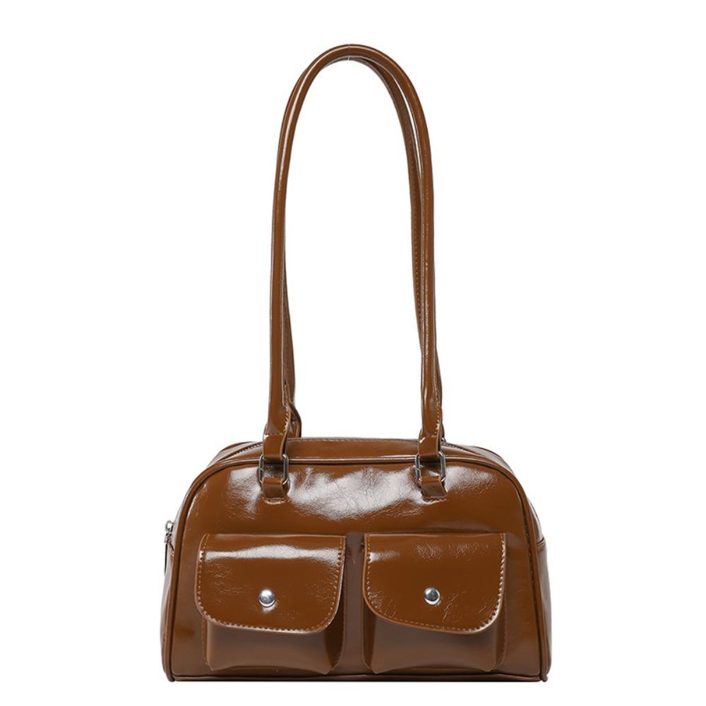 Patent Leather PU Bowling Bag Handbag Underarm Bag Casual Pocket Boston Tote Bag Portable