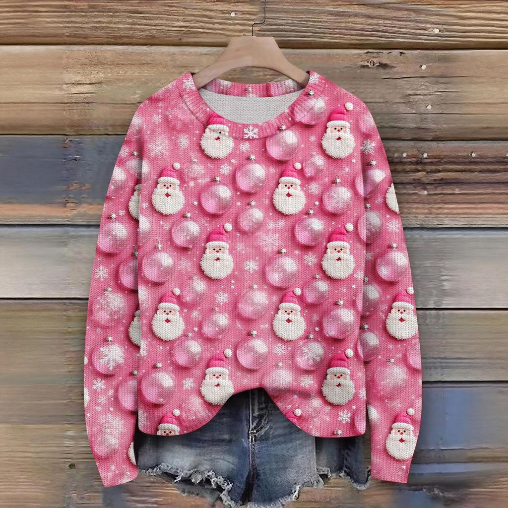 Women's Christmas Print Cardigan Long Sleeve Round Neck Knit Top