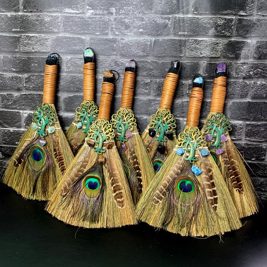 Big Broom Natural Amethyst Life Tree Halloween Peacock Feather Eye Altar Ornament Witch Mini Broom Home Decoration Handicrafts