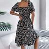 Women's Fashion Floral Print Square Neck Short Sleeve Waisted Ruffled A-Line Skirt