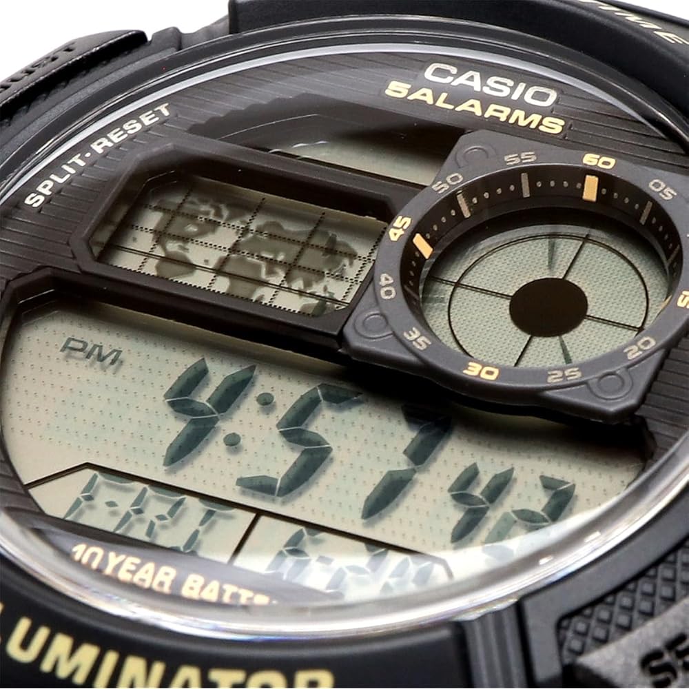 Мужские цифровые часы Casio с мировым временем AE-1000W-5AV Черно-зеленый цвет Зарубежная модель