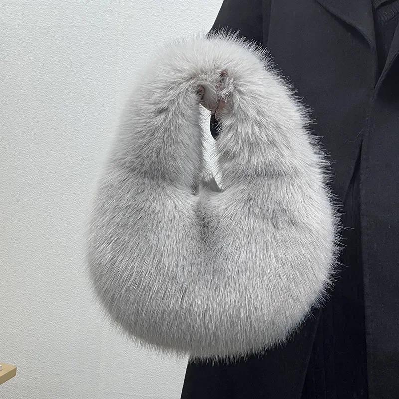 Winter Casual Furry Shoulder Bags for Women Solid Color Soft Plush Ladies Clutch Purse Handbags Lightweight Female Hobos Bag sac