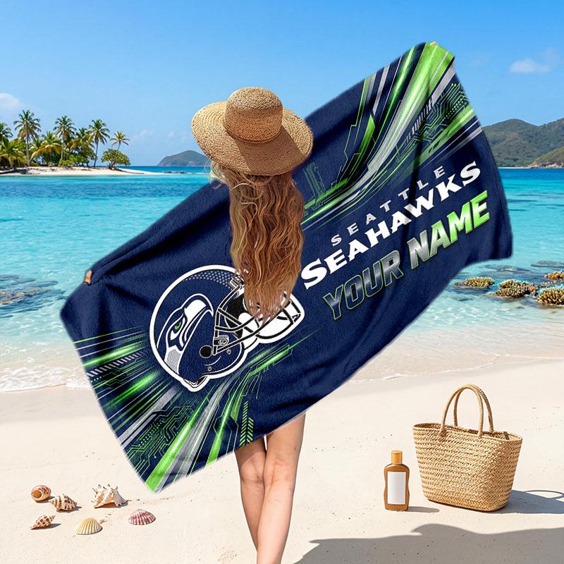 Seattle Seahawks Customized Name Text Beach Towel, Soft Absorbent Towel Beach Pool Travel Personal Gift