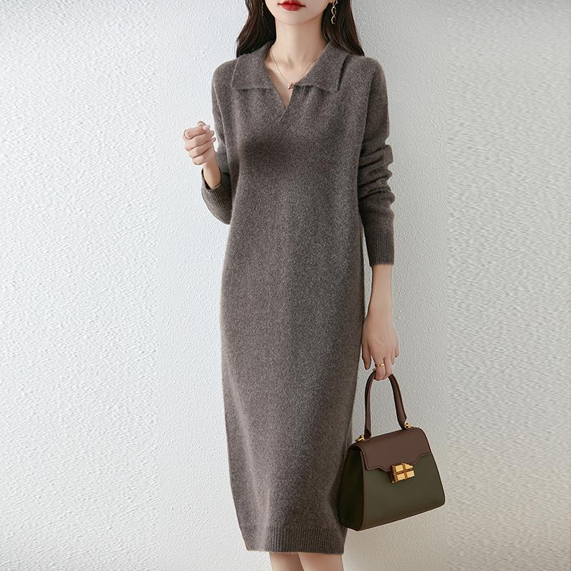 Женское платье-свитер 100% шерсть MODERN NEW SAGA V-образный вырез трикотажный длинный пуловер воротник поло зимние джемперы шерстяное длинное платье женское