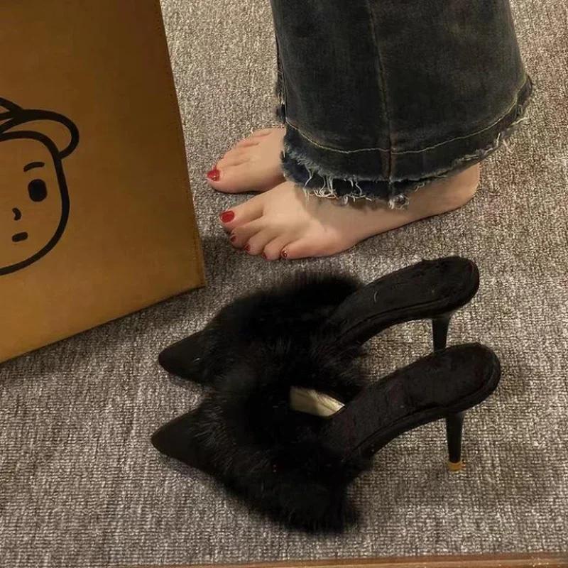 Модные женские теплые плюшевые туфли с острым носком на высоком каблуке зимние мюли тапочки корейский модный дизайн тонкие каблуки новые шлепанцы туфли-лодочки Zapatos Mujer