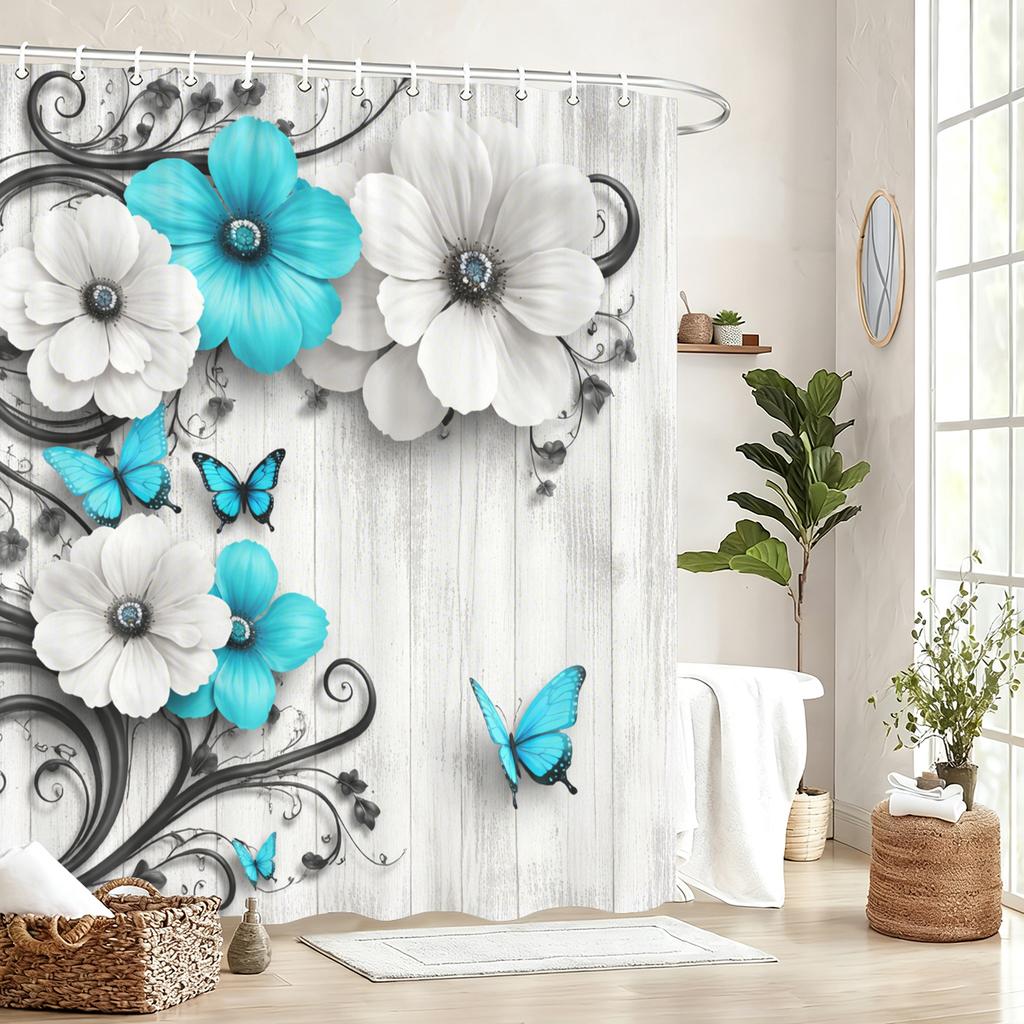Vibrant Floral & Butterfly Pattern Polyester Shower Curtain - Stylish Bathroom Decor, Charming Bathtub Partition for Home