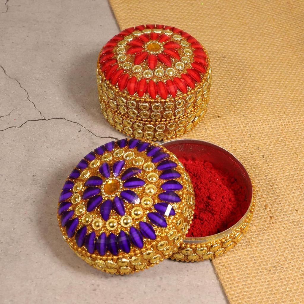 Putrika Traditional Haldi Multicolor Stone kumkum Box|Puja Worship|Navratri Gift| Diwali Gift|